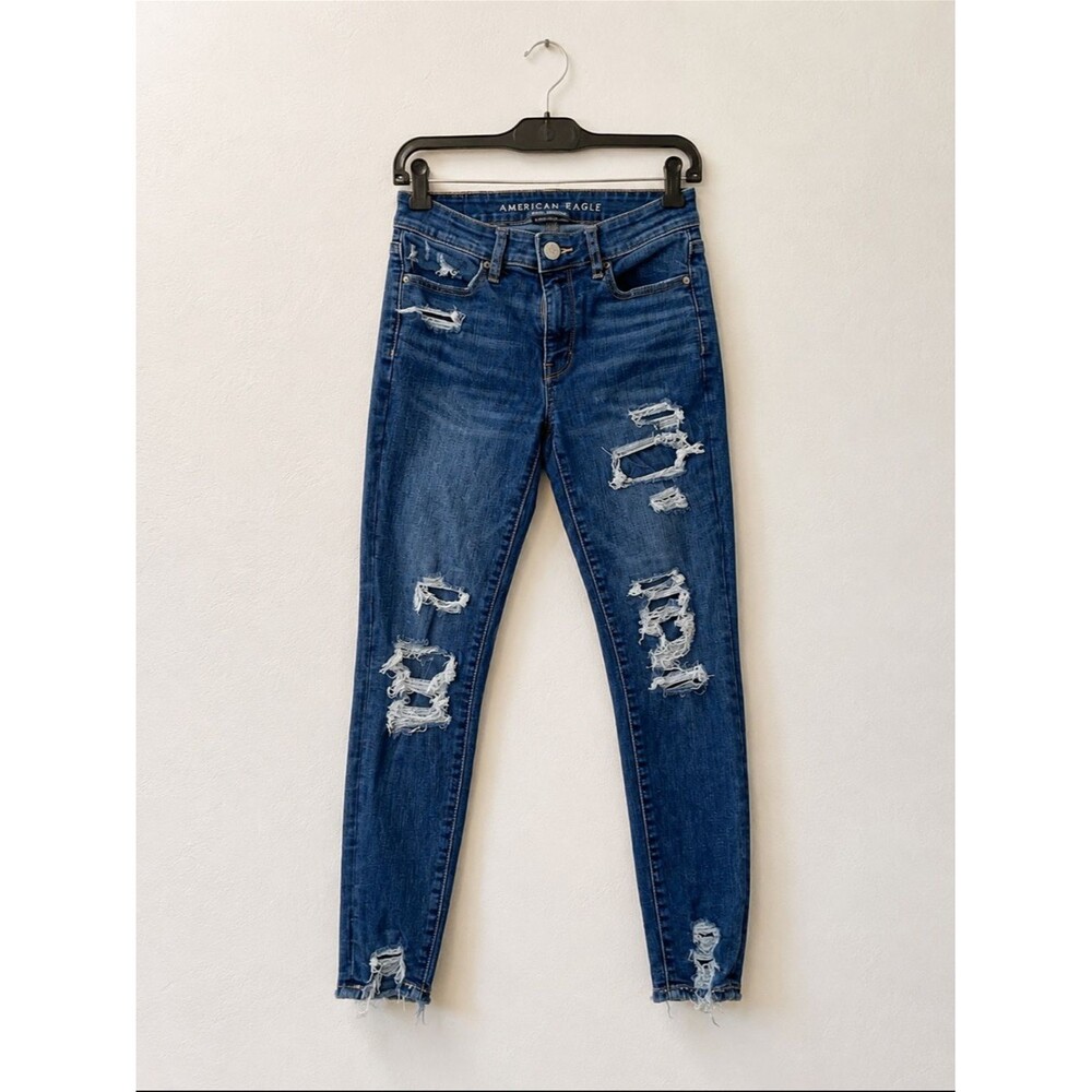American Eagle Hi-Rise Jegging Crop Jeans Womens Size 2 Dark Wash Distressed